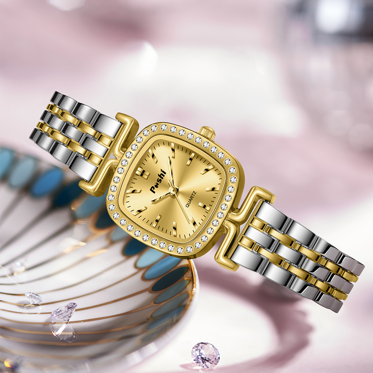 Diamond-encrusted Dial Oval-shaped Steel Bracelet Quartz Womens Watch 4
