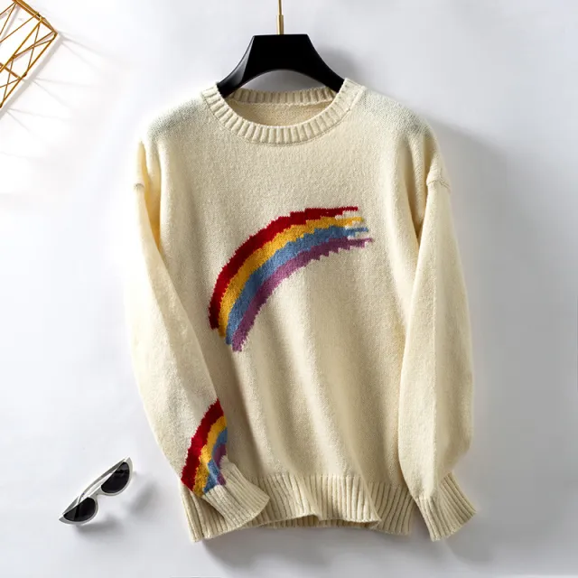 Rainbow Stripes European And American Style Loose Pullover Women Apricot - Shop at LoveMi