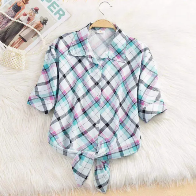 Striped Thin Shirt Women's Bow Outer Tops White Printed Oblique Grid - Shop at LoveMi