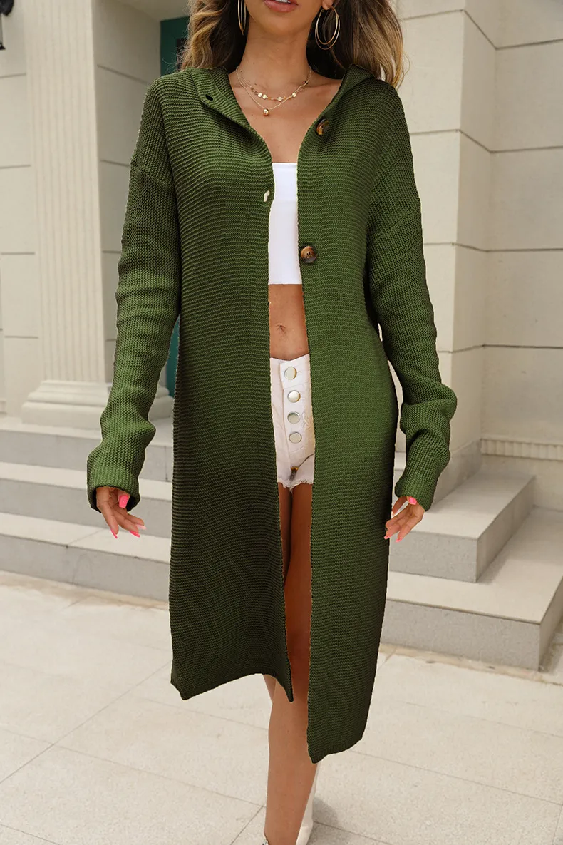 Sweater Cardigan Solid Color Long Sleeve Hooded Long Knitted Cardigan Women's Coat - Army Green