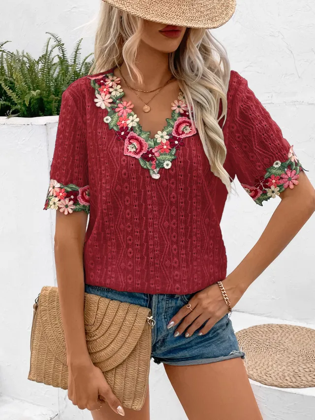 Women's Summer Deep V neck Lace Short sleeved Top T shirt Red - Shop at LoveMi