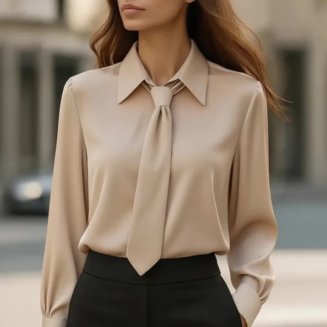 Solid Color Casual Tie Long Sleeve French Shirt Women's Shirt Khaki - Shop at LoveMi
