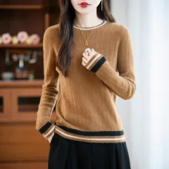 One-line Colour-blocked Wool Sweater Women's Round Neck Trendy Design Loose - Deep Khaki - View 1