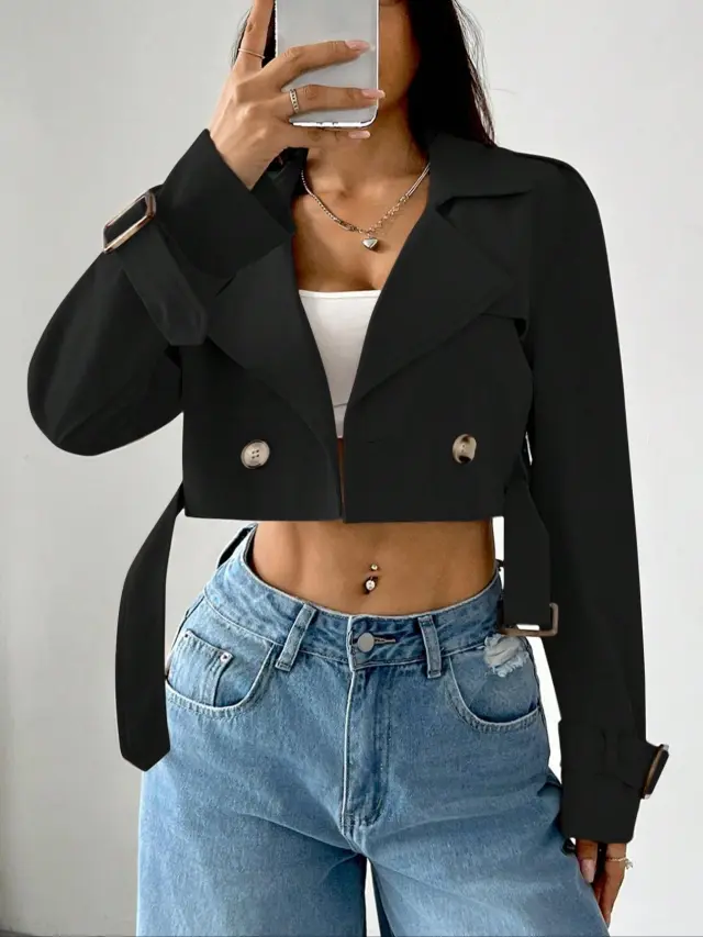 New Womens Chic Short Solid color Coat With A Premium Sophisticated Vibe Black - Shop at LoveMi