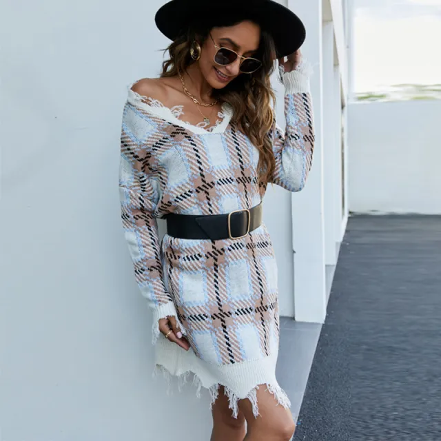 Lazy Style Long Sleeve Pullover Sweater Plaid Base Knitting Dress White Long Style Sweater - Shop at LoveMi