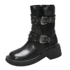 Brown Women's Ankle Boots Retro Square Toe - Black - View 1