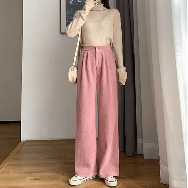 Women's Retro Corduroy Suit Versatile Casual Wide leg Pants Pink - Shop at LoveMi