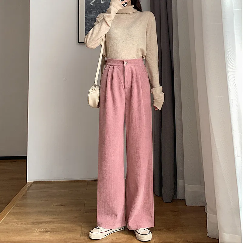 Women's Retro Corduroy Suit Versatile Casual Wide-leg Pants - Pink