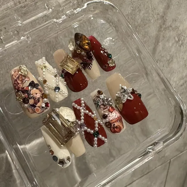 Red Velvet Bear White Cute Retro Wear Nail Tip Customized Shape As Shown - Shop at LoveMi