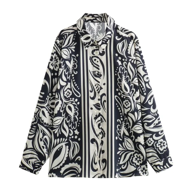 Style Printed Silk Satin Texture Casual Shirt Picture Color M - Shop at LoveMi