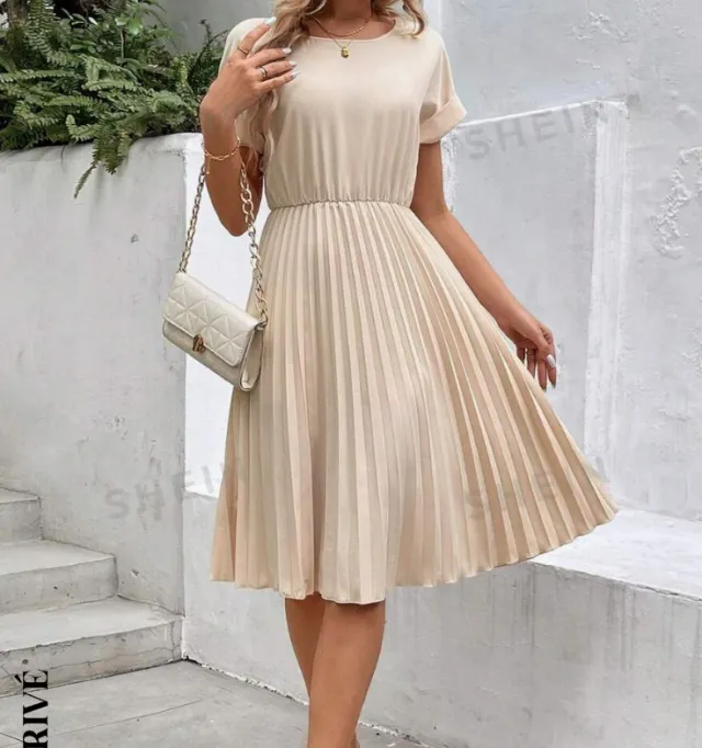 Summer Solid Color Pleated Dress Apricot - Shop at LoveMi