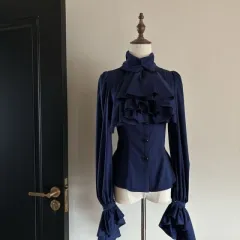 Retro Design Top Long Sleeve Shirt Gothic Style Long Sleeve Ruffled Shirt - Dark Blue - View 1