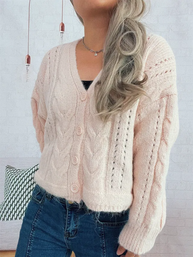 Casual Short Twist Hollow out Knitted Cardigan Single breasted V neck Sweater Pink - Shop at LoveMi