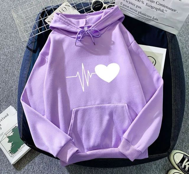 European And American Plus Velvet Hoodie Sweaters Women's Clothing Autumn Winter Coat Loose Purple White Heart - Shop at LoveMi