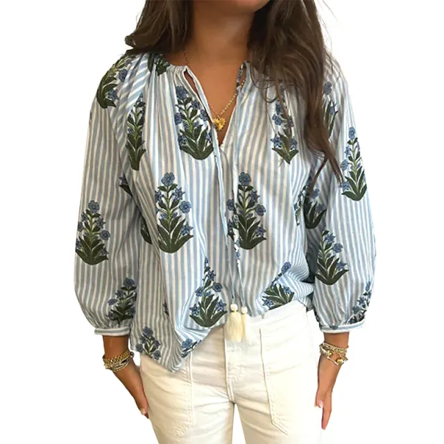 Flower Printed Long sleeved Top Women's Spring Lc25129450 Stripes Xl - Shop at LoveMi