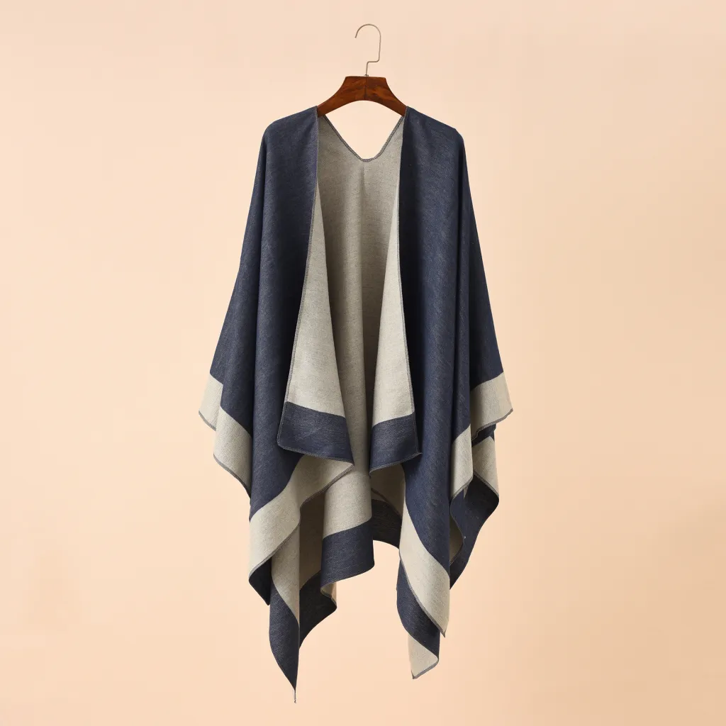 Double-sided Color Matching Plaid Cashmere-like Shawl Outer Match Cape Coat - Dark Blue