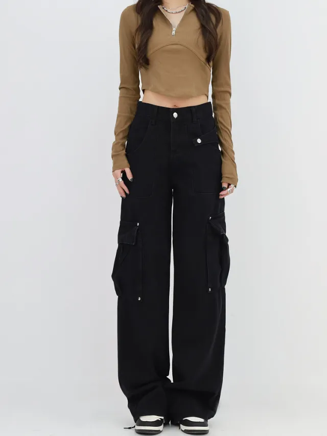 Street Design Sense Workwear With Pocket Straight leg Pants Black - Shop at LoveMi