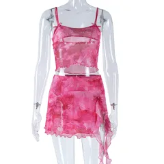 Fashion Printed Camisole Split Skirt Two-piece Suit Trendy - Red - View 1