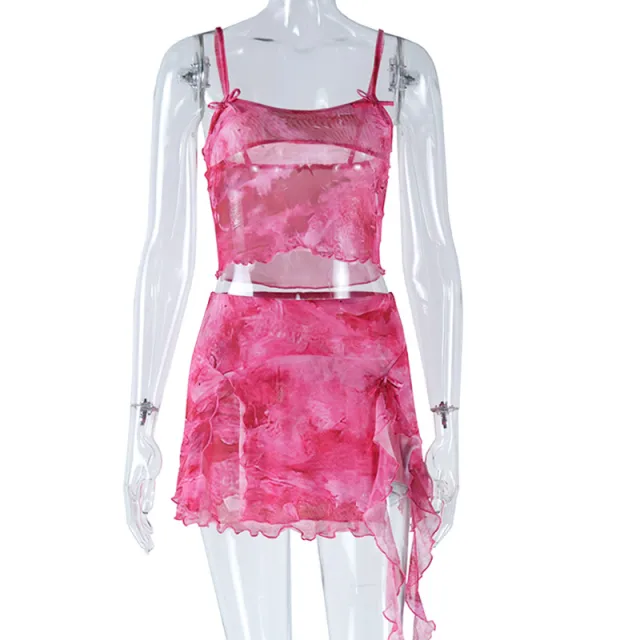 Fashion Printed Camisole Split Skirt Two piece Suit Trendy Red - Shop at LoveMi