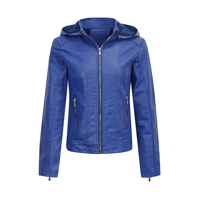 Women's Clothing Fleece-lined Thickened Leather Coat Hooded - Blue