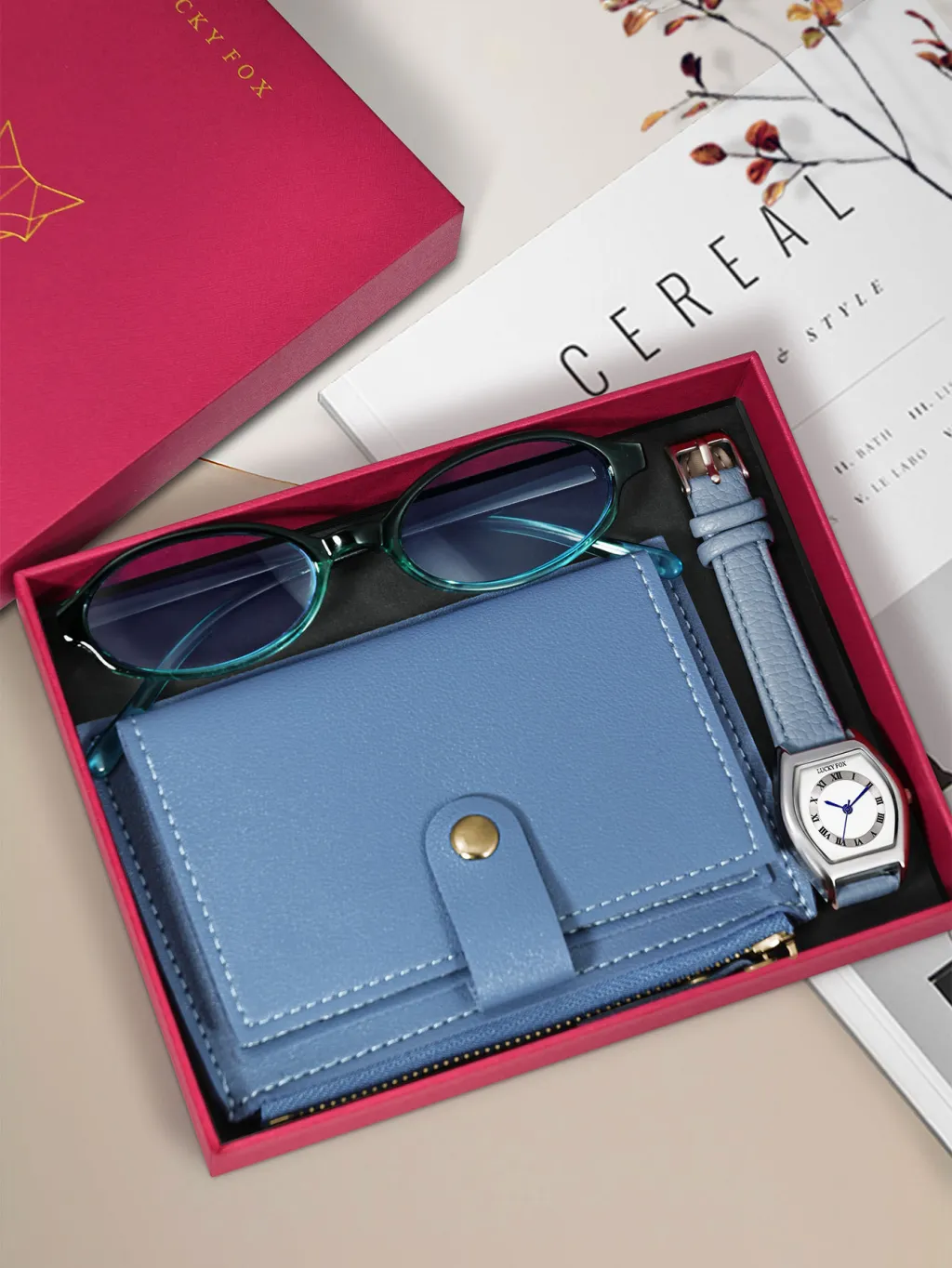 Vintage Women's Quartz Watch With Wallet Glasses Gift Set Box - Blue