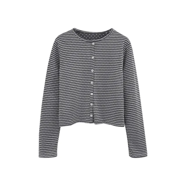 Double sided Wearable Round Neck Long Sleeve Cardigan Top Gray - Shop at LoveMi