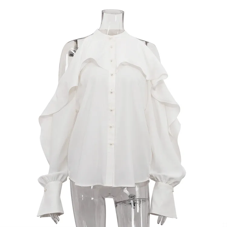 Ruffled Round Neck Off-the-shoulder Long Sleeve White Shirt - White