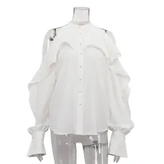 Ruffled Round Neck Off-the-shoulder Long Sleeve White Shirt - White - View 1