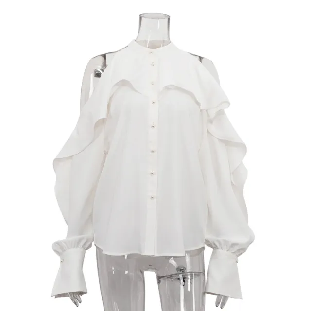 Ruffled Round Neck Off the shoulder Long Sleeve White Shirt White - Shop at LoveMi