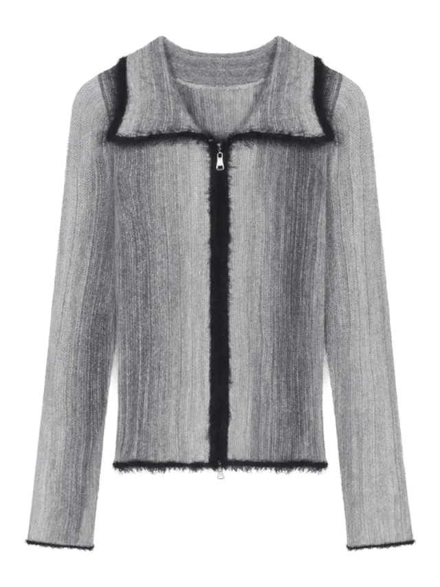 Gradient Color Knitted Cardigan Women's Double Zipper Sweater Gradient Gray - Shop at LoveMi