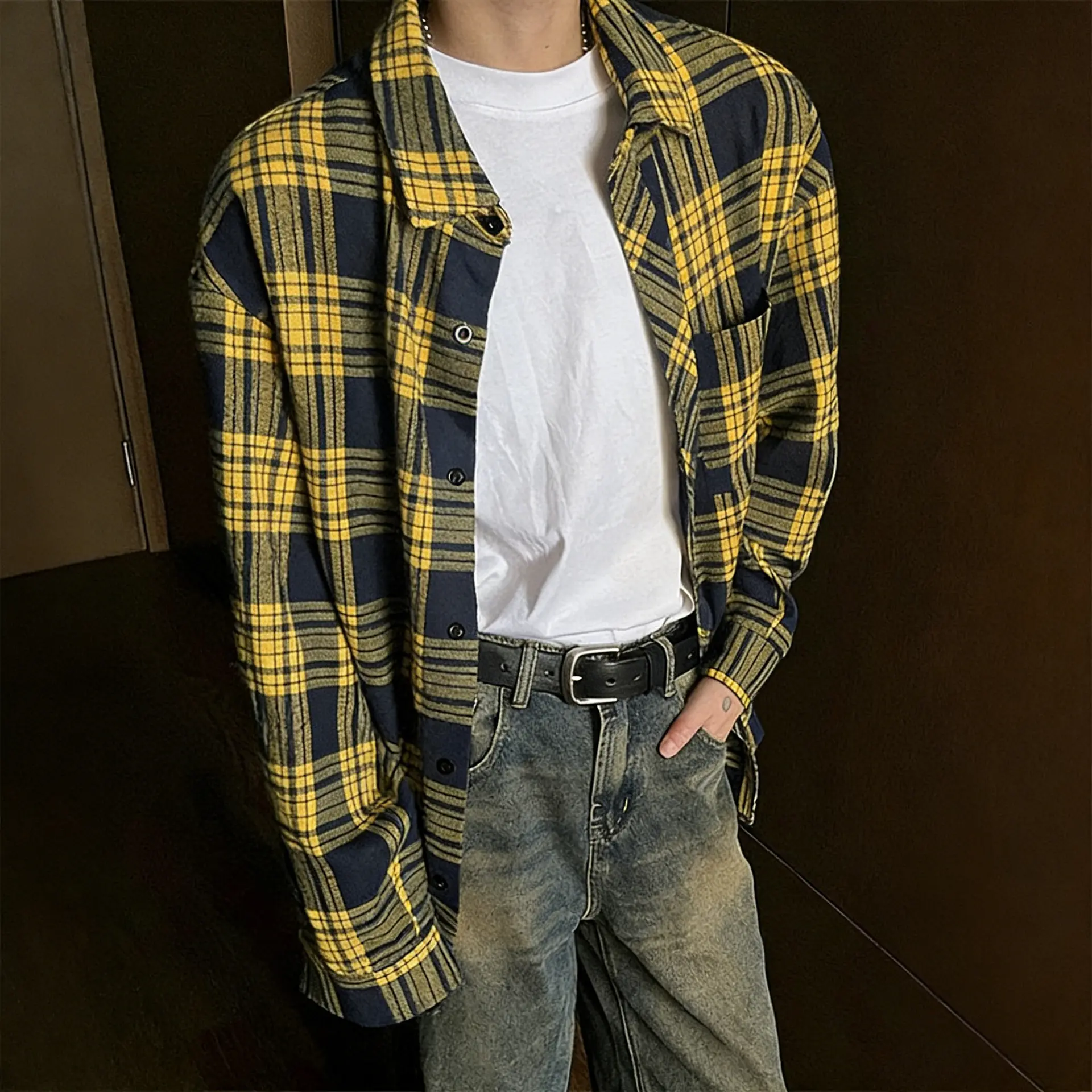 Mens Casual American-Style Plaid Shirt
