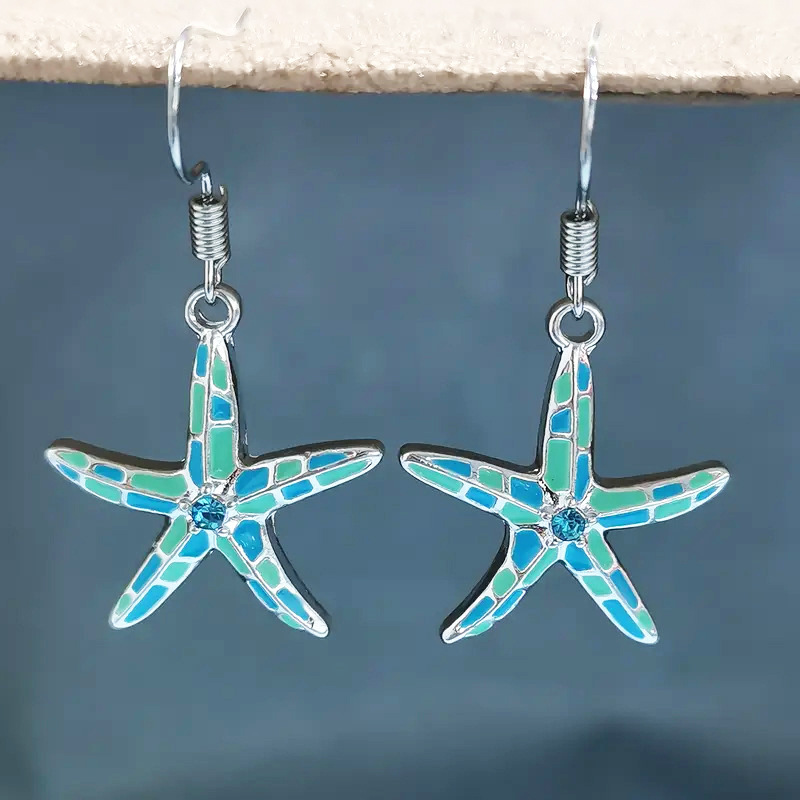 Womens Blue Starfish Pendant Earrings