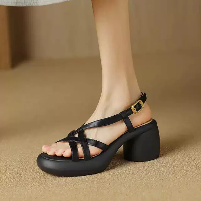 Retro Soft Leather High Heel Sandals For Women Platform Open Toe Black - Shop at LoveMi