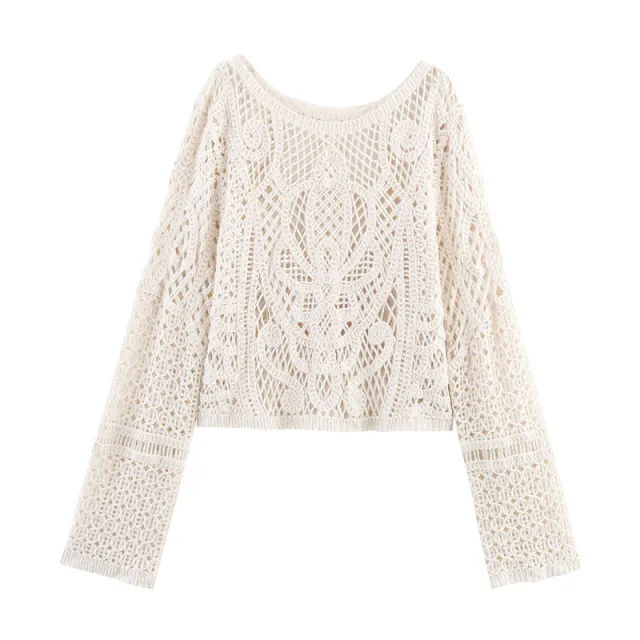Women's Simple All match Long Sleeves Crocheted Top Beige - Shop at LoveMi
