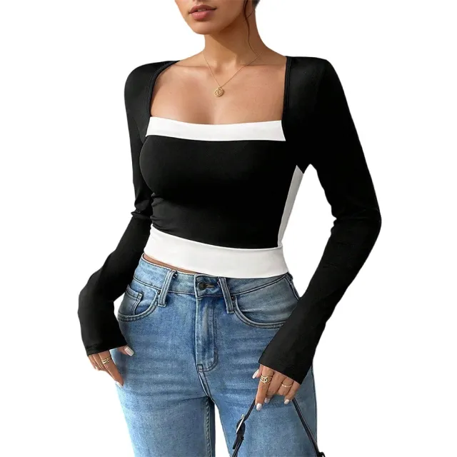 Long sleeve Color block Square Neck Versatile T shirt Elegant Top Black - Shop at LoveMi