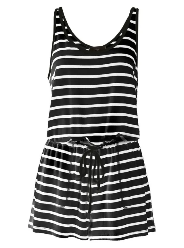 Fashion Camisole Drawstring Strap Jumpsuit Striped Black - Shop at LoveMi
