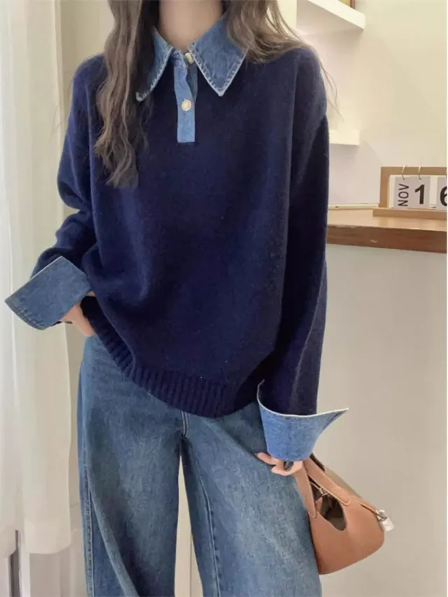 Women's Denim Sleeve Stitching Fake Two Pieces Sweaters Coat New Loose Navy Blue - Shop at LoveMi