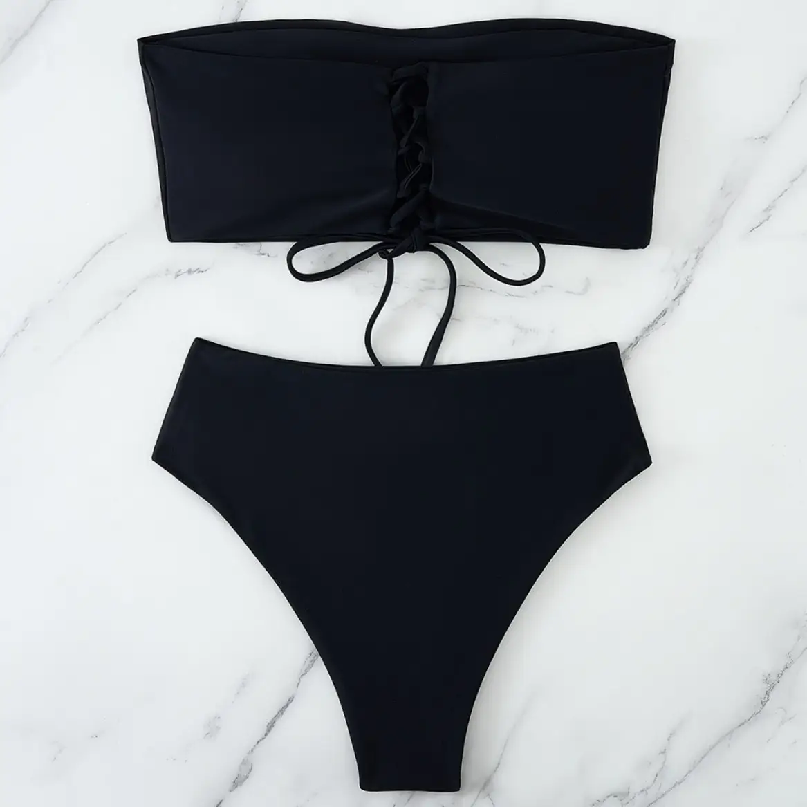 Sexy Solid Color Back Lace-up High Elastic Skin-friendly Bikini Split Swimsuit