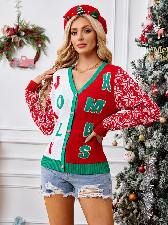 Christmas Sweater Red Casual Letter Jacquard V neck Knitted Cardigan Red - Shop at LoveMi