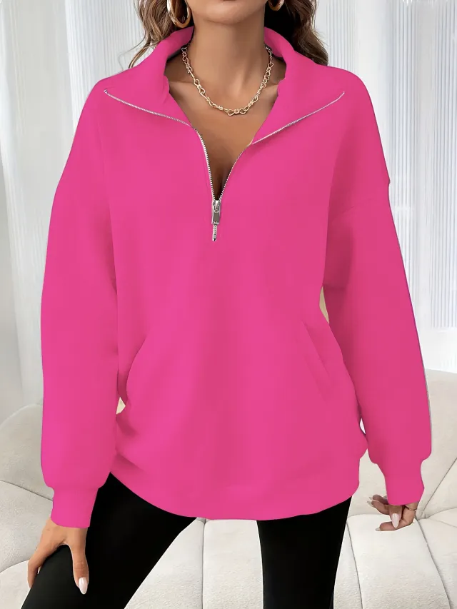 Autumn And Winter Loose Long Sleeve Half Zipper Sweater Rose Red - Shop at LoveMi