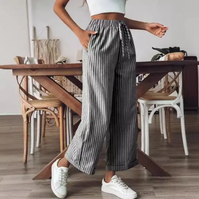 Women's Striped Casual Loose Straight Wide leg Pants Black - Shop at LoveMi