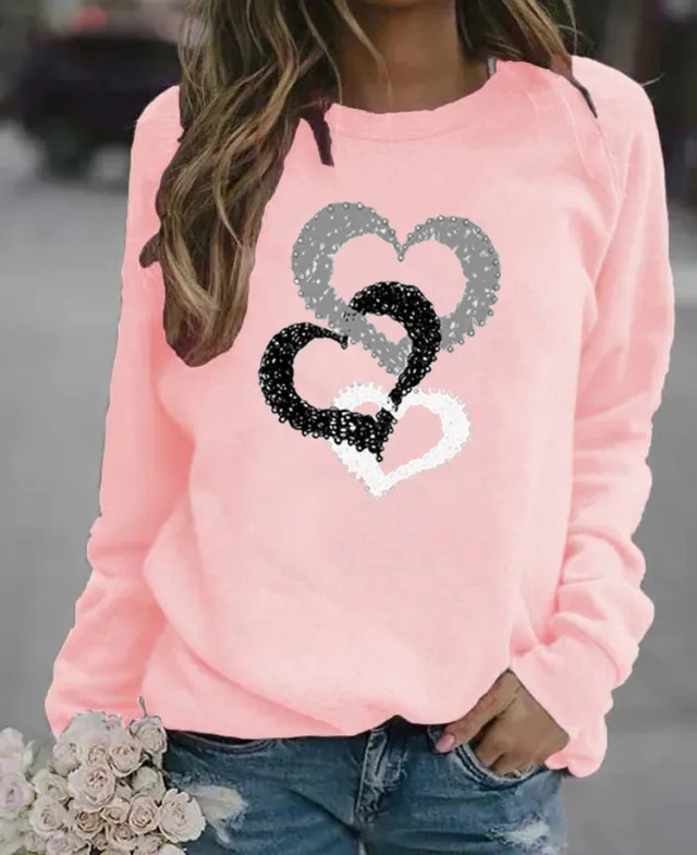 Casual Round Neck Print Sweatshirt Women Pink - Shop at LoveMi