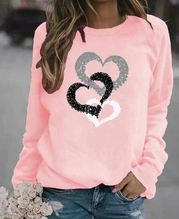 Casual Round Neck Print Sweatshirt Women - Pink