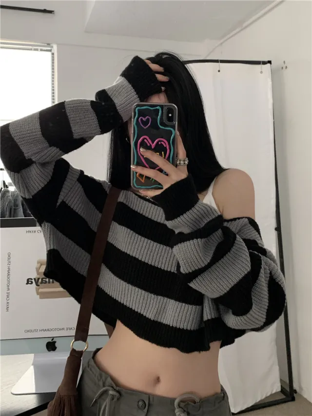 Women's Retro Off the shoulder Short Striped Sweater - Shop at LoveMi