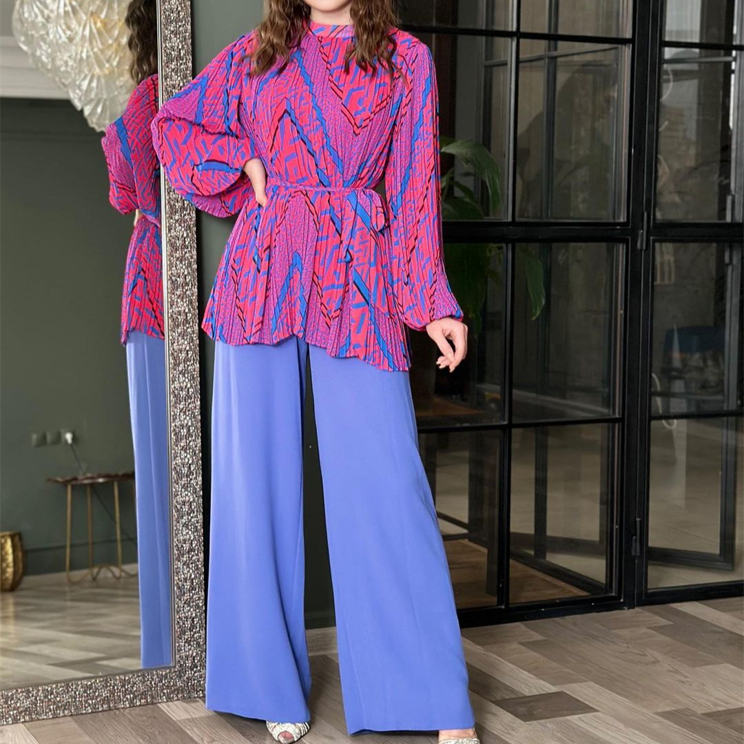 European And American Fashion Pleated Graceful Puff Sleeve Shirt High Waist Wide Leg Pants Suit