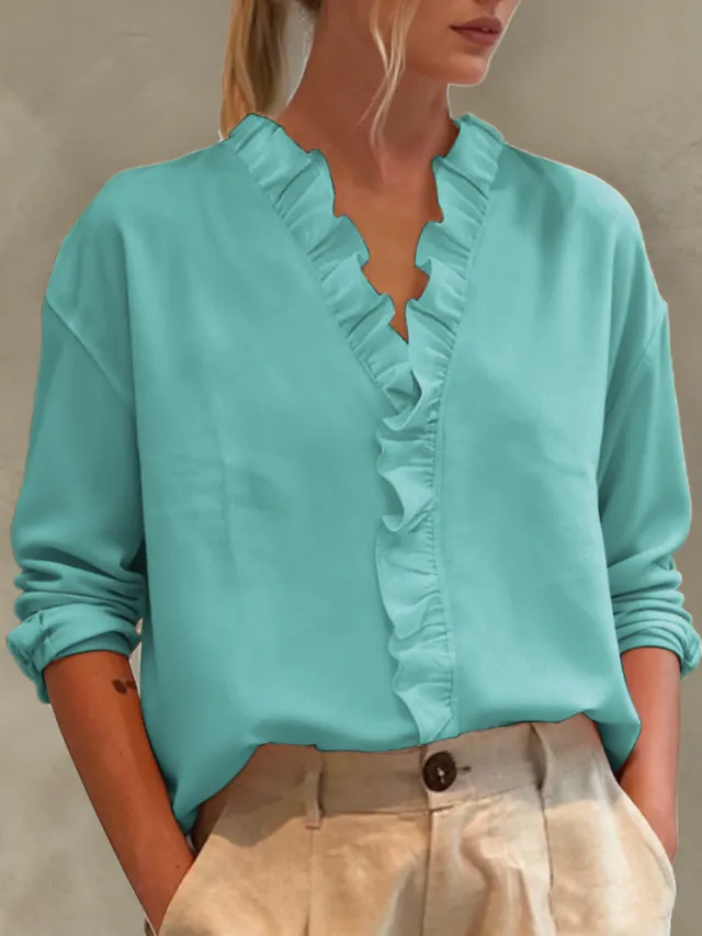Womens Casual Long sleeve V neck Blouse With Lace Trim Cyan - Shop at LoveMi