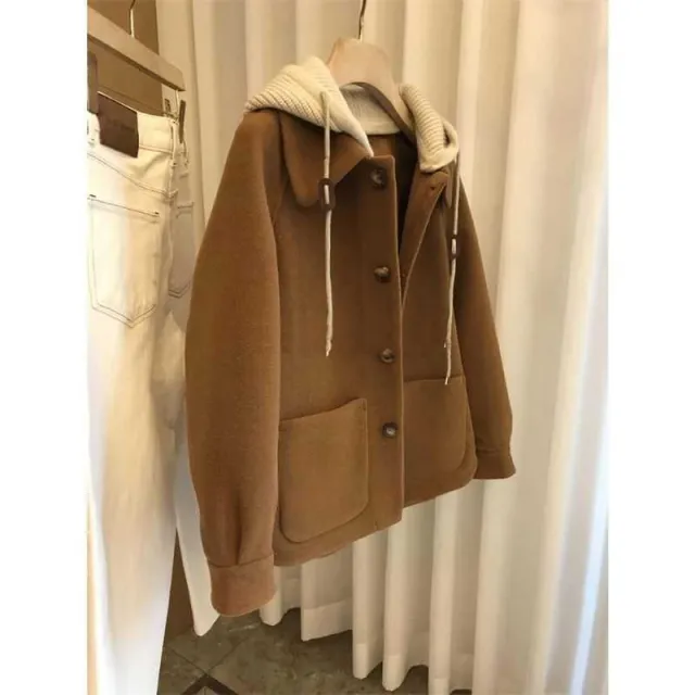 High Sense Patchwork Knitting Hooded Woolen Women's Autumn And Winter Thickening Design Sense Niche Coat Brown - Shop at LoveMi