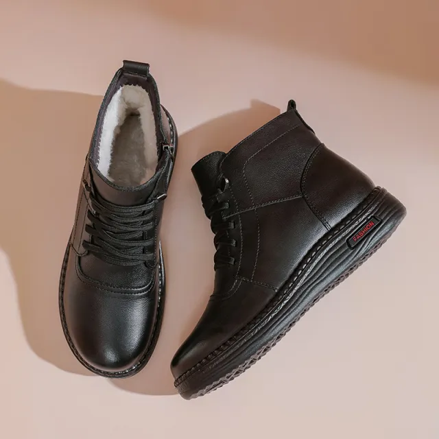Mother Cowhide Wool Fleece Lined Soft Bottom Non slip Wear resistant Ankle Boots Black - Shop at LoveMi