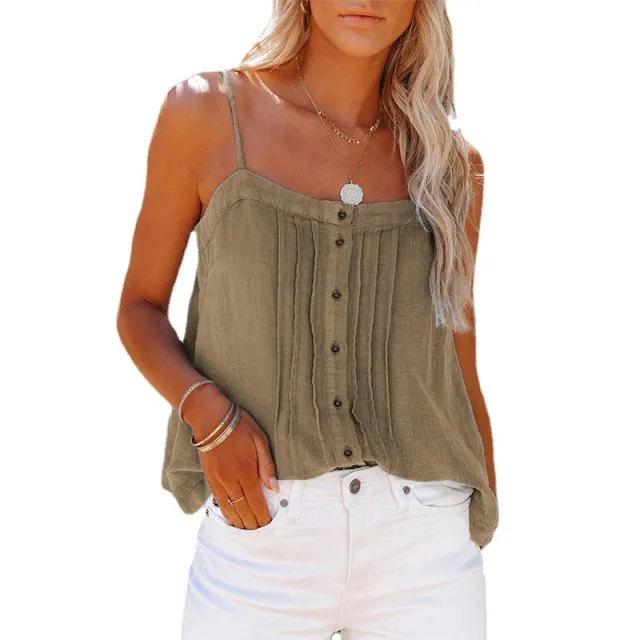 Outer Wear Top Button Square Collar Camisole Denim Vest For Women Khaki - Shop at LoveMi