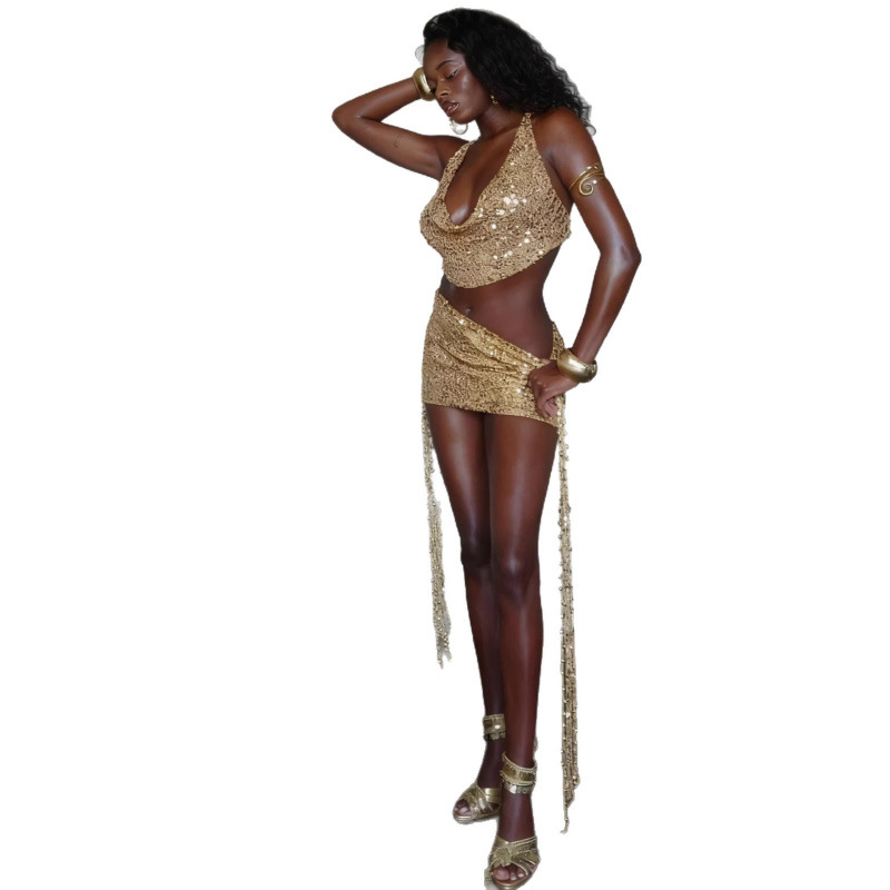 Sexy Sleeveless Sequin Tassel Tank Top And Skirt Set 4